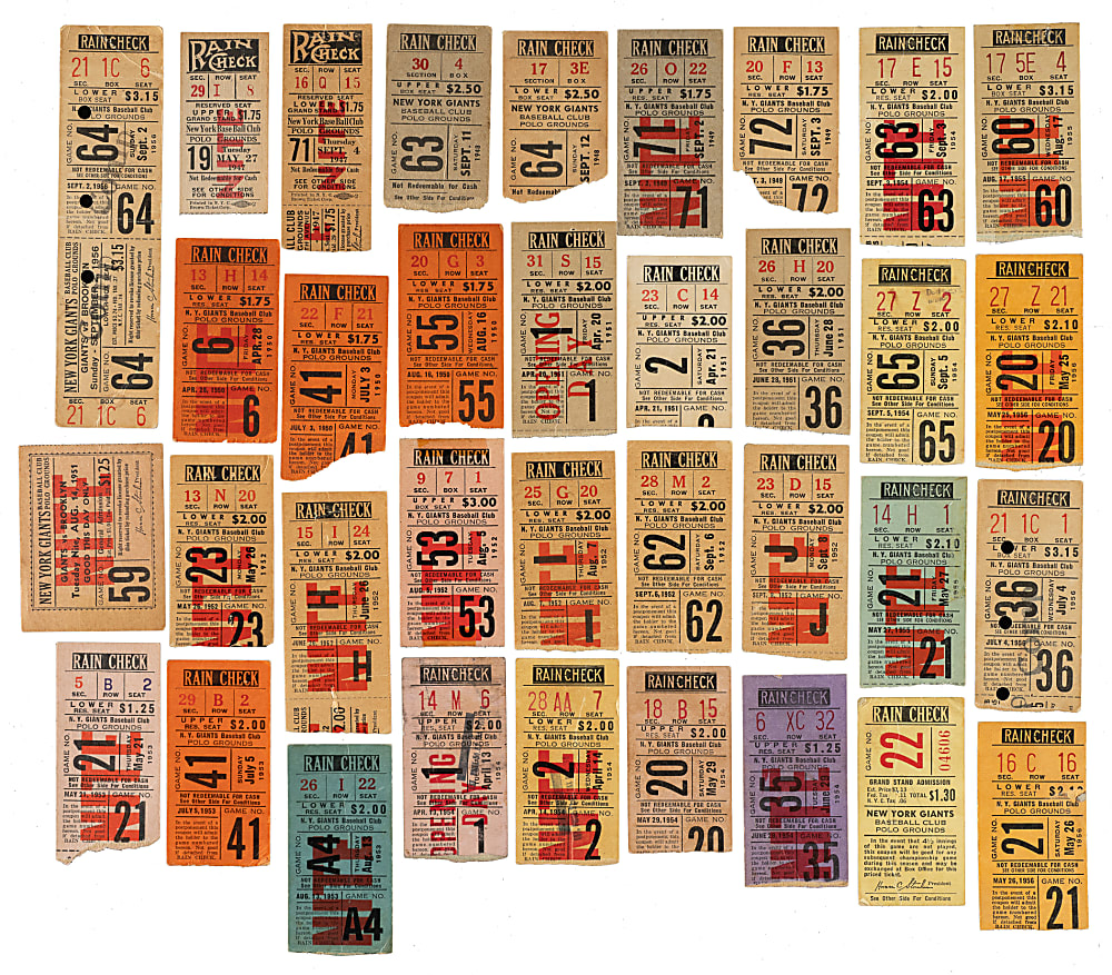 1947 to 1956 New York Giants Polo Grounds Ticket Stub Collection (39) - All Games with Jackie Robinson Including Four Robinson and Five Willie Mays Home Runs