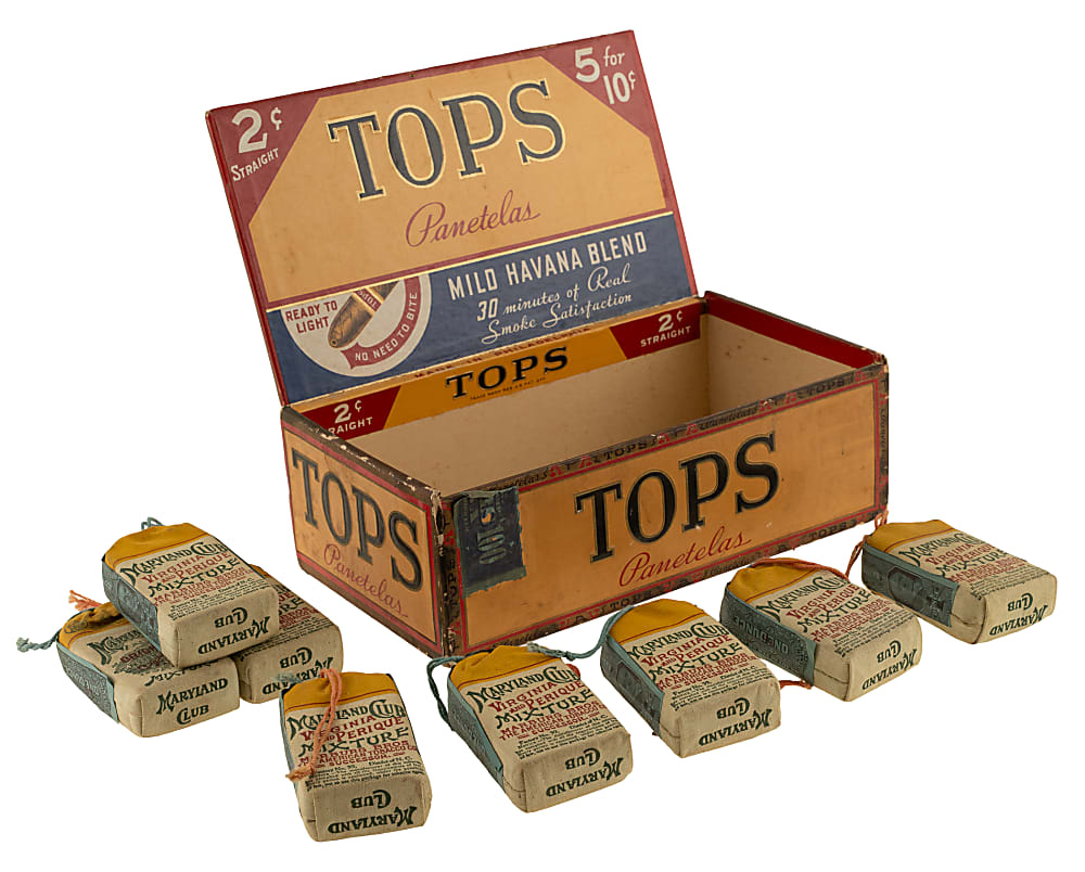 1926 Maryland Club Tobacco Pouch Collection (8) and Vintage Tops Panetelas Cigar Box