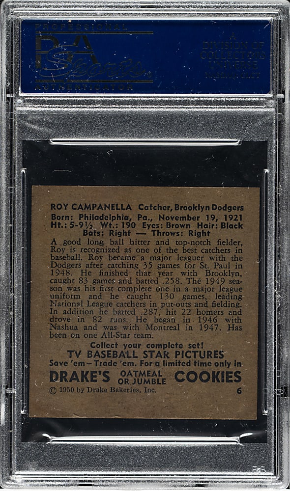 1950 Drake's Cookies #6 Roy Campanella PSA NM 7
