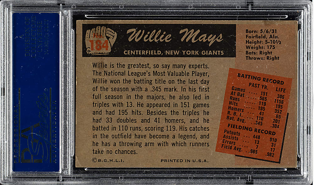 1955 Bowman #184 Willie Mays PSA EX 5