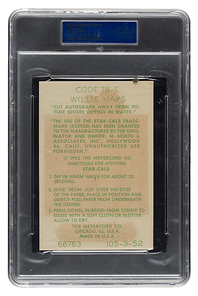 1952 Star-Cal Decals Type 1 #78-E Willie Mays (No Envelope)