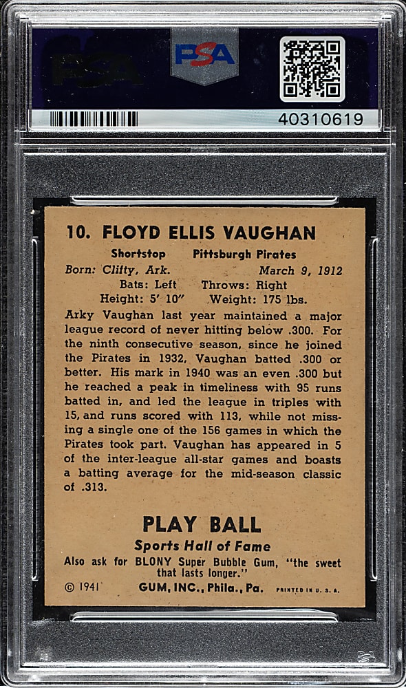 1941 R336 Play Ball #10 Arky Vaughan PSA MINT 9 - 1 of 2 - Highest Graded!