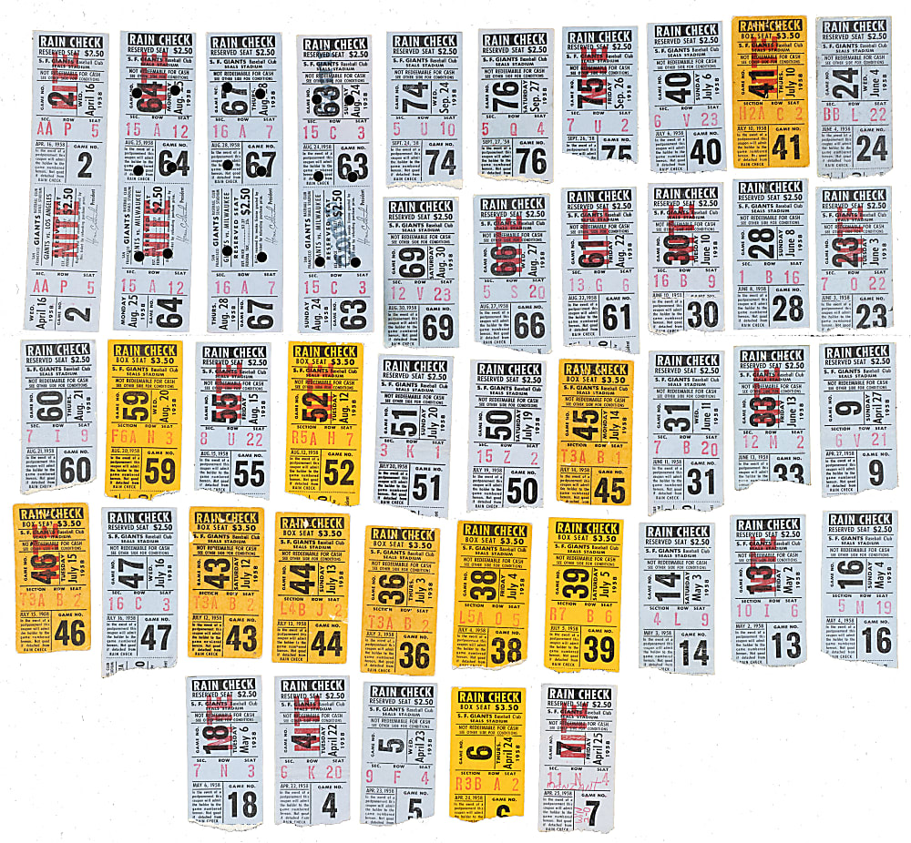 1958 San Francisco Giants Seals Stadium Ticket Stub Collection (47) - First Year in San Francisco