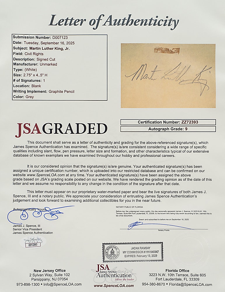 Martin Luther King Jr. Cut Signature - JSA MINT 9