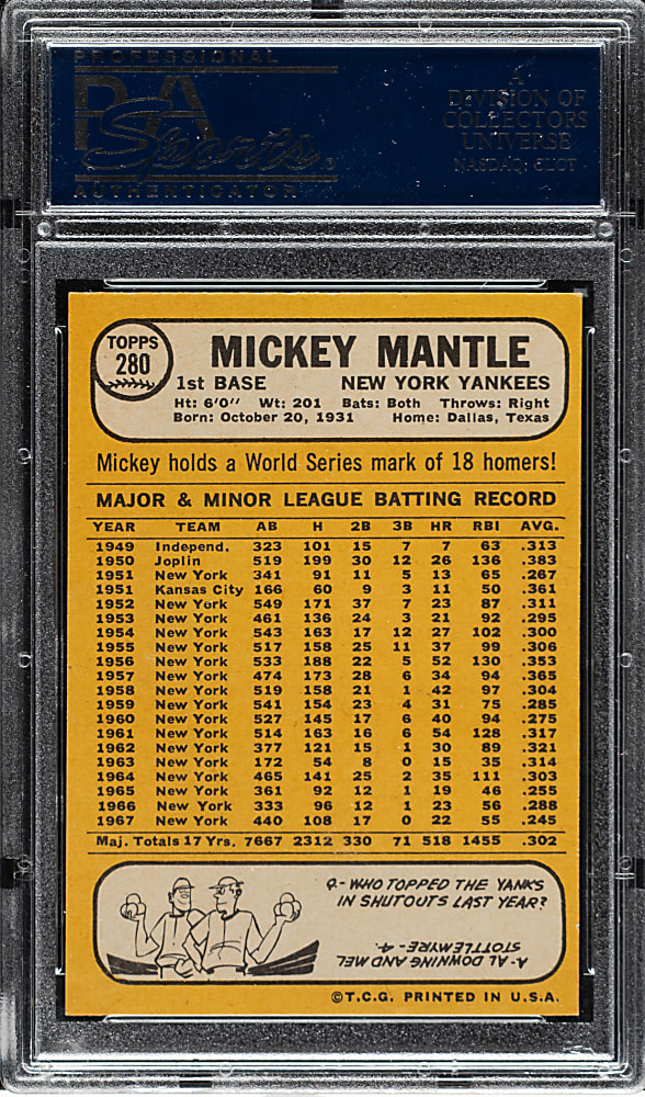 1968 Topps #280 Mickey Mantle PSA NM-MT 8