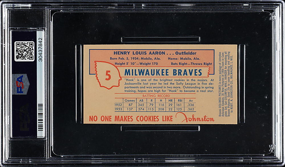 1954 Johnston Cookies #5 Hank Aaron Rookie PSA MINT 9 - Highest Graded!