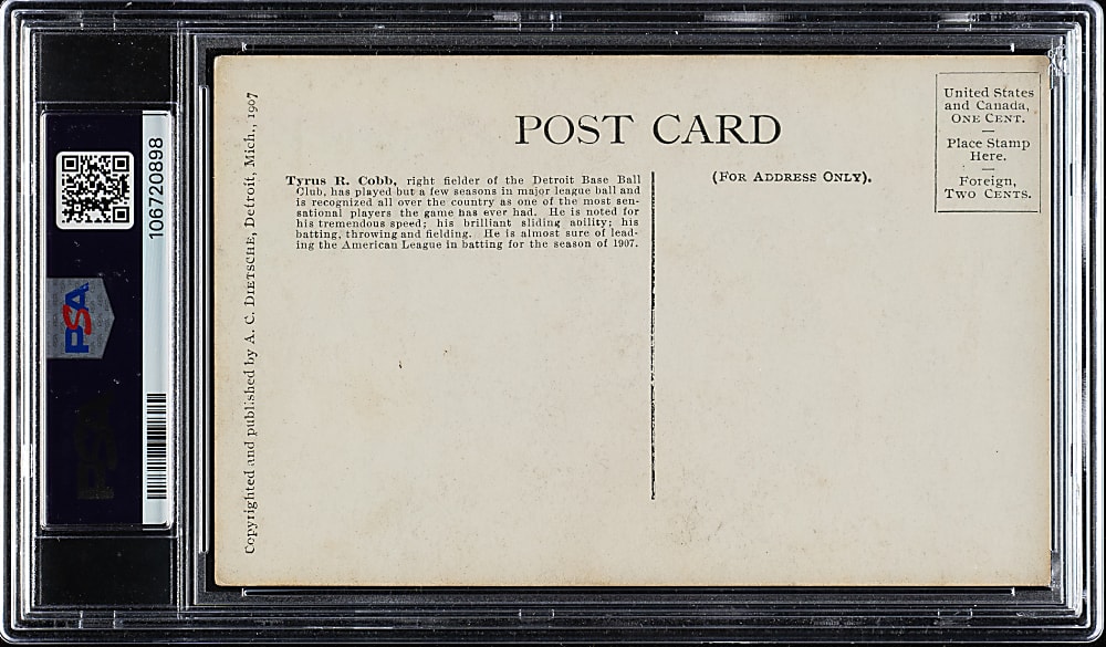 1907 PC765 A. C. Dietsche Detroit Tigers Postcard Ty Cobb Rookie Batting PSA VG 3