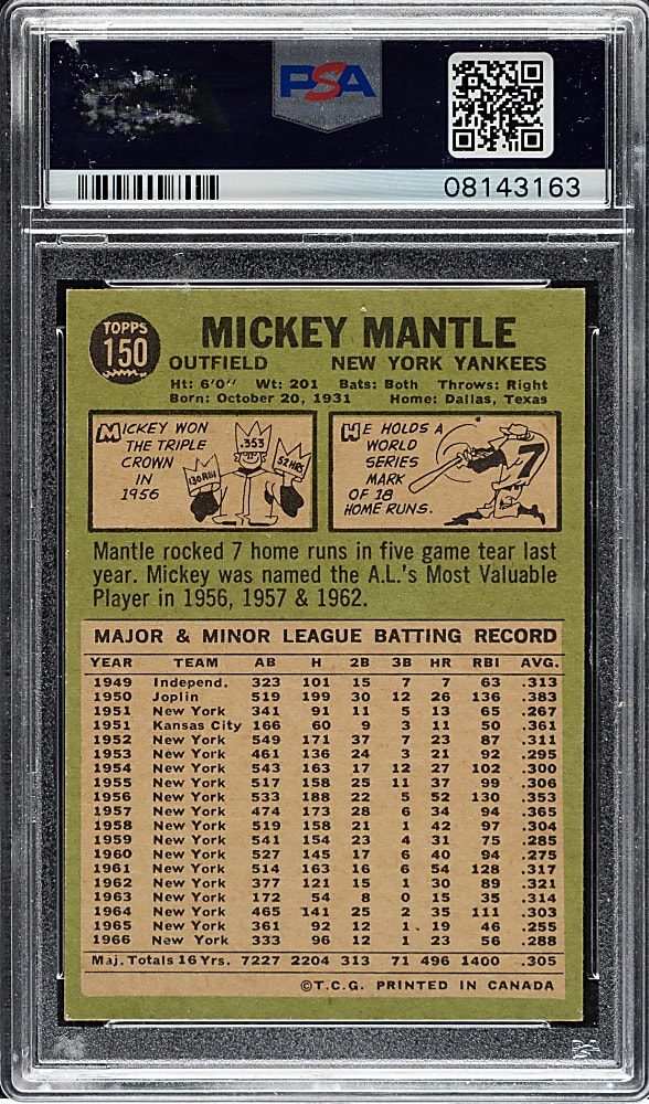 1967 O-Pee-Chee #150 Mickey Mantle PSA NM-MT 8 - Highest Graded!