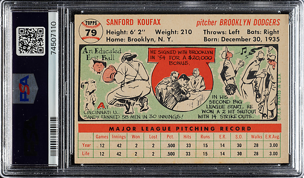1956 Topps #79 Sandy Koufax White Back PSA NM-MT 8
