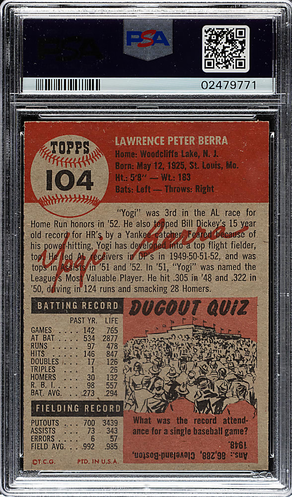1953 Topps #104 Yogi Berra PSA NM-MT 8