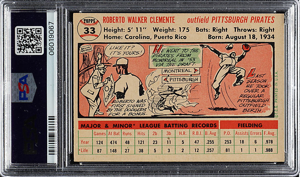 1956 Topps #33 Roberto Clemente White Back PSA NM-MT 8