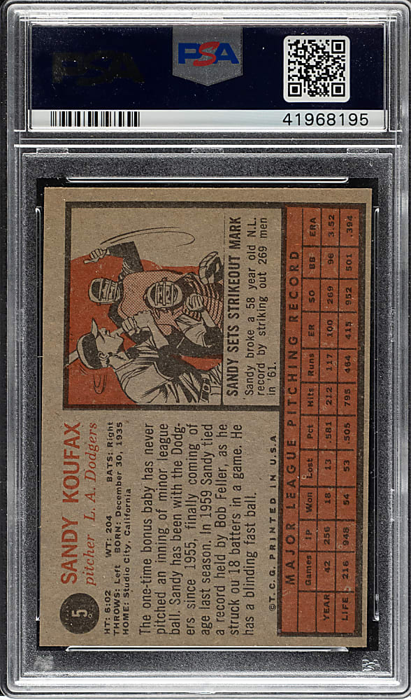 1962 Topps #5 Sandy Koufax PSA NM-MT 8