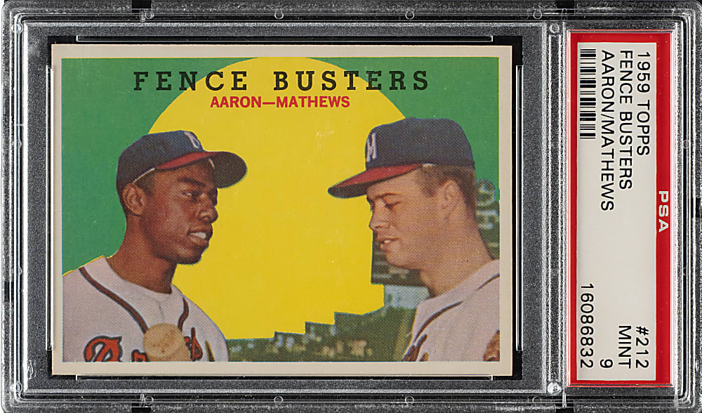 1959 Topps #212 Fence Busters with Hank Aaron and Eddie Mathews PSA MINT 9