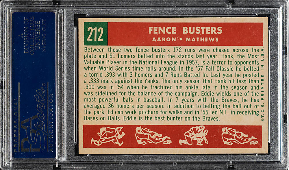 1959 Topps #212 Fence Busters with Hank Aaron and Eddie Mathews PSA MINT 9
