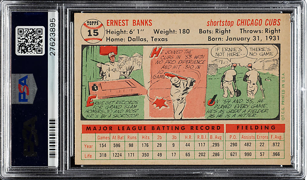 1956 Topps #15 Ernie Banks White Back PSA NM-MT 8