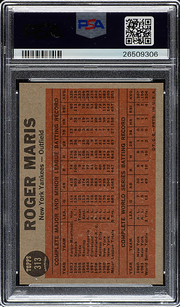 1962 Topps #313 Roger Maris Blasts 61st PSA MINT 9