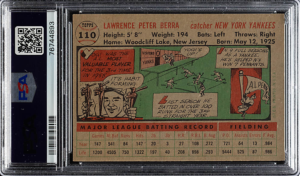 1956 Topps #110 Yogi Berra Gray Back PSA NM-MT 8