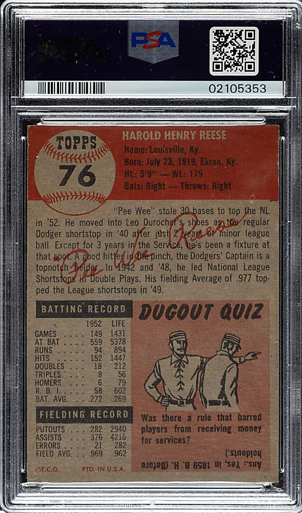 1953 Topps #76 Pee Wee Reese PSA NM-MT 8