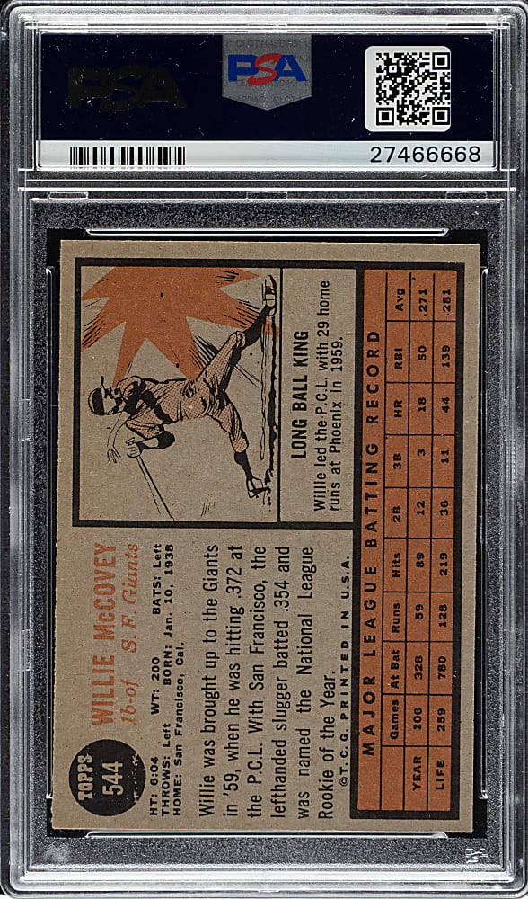1962 Topps #544 Willie McCovey PSA NM-MT 8