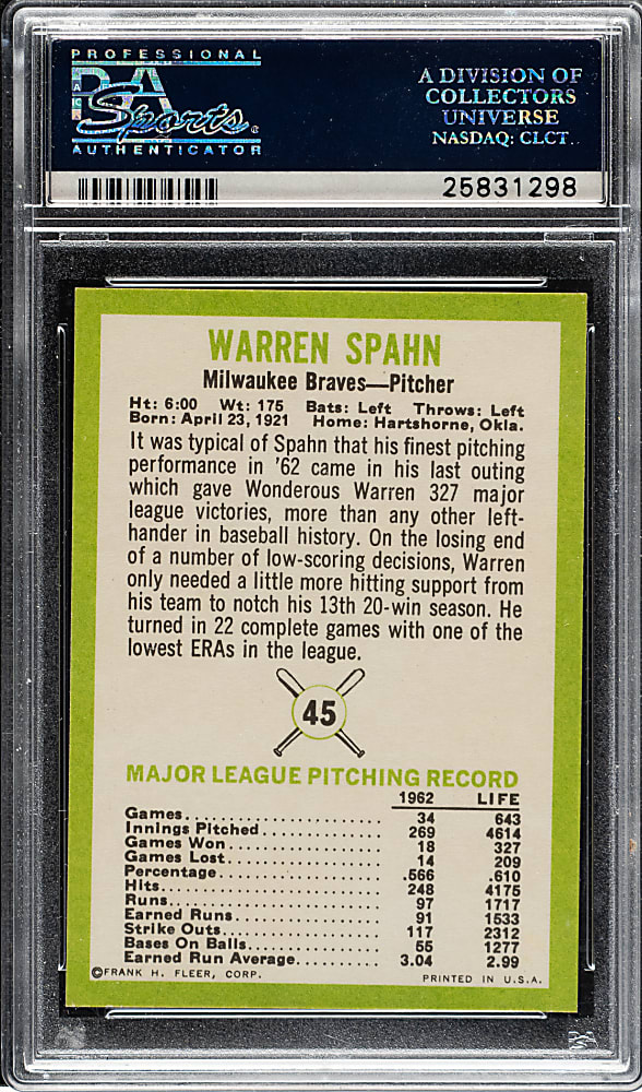 1963 Fleer #45 Warren Spahn PSA MINT 9