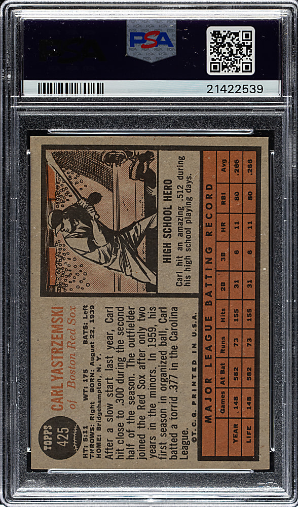 1962 Topps #425 Carl Yastrzemski PSA NM-MT 8