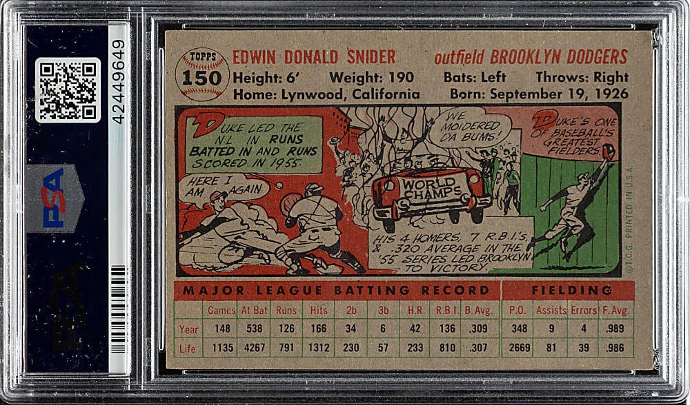 1956 Topps #150 Duke Snider Gray Back PSA NM-MT 8