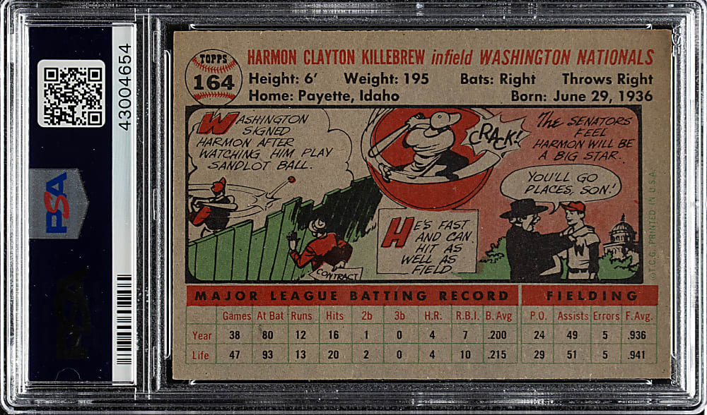 1956 Topps #164 Harmon Killebrew Gray Back PSA NM-MT 8
