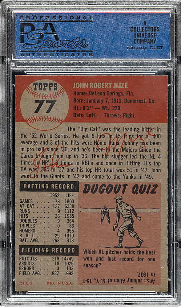 1953 Topps #77 Johnny Mize PSA NM-MT 8