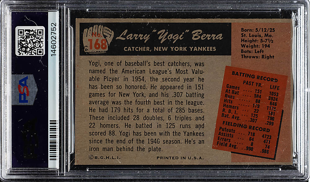 1955 Bowman #168 Yogi Berra PSA NM-MT 8