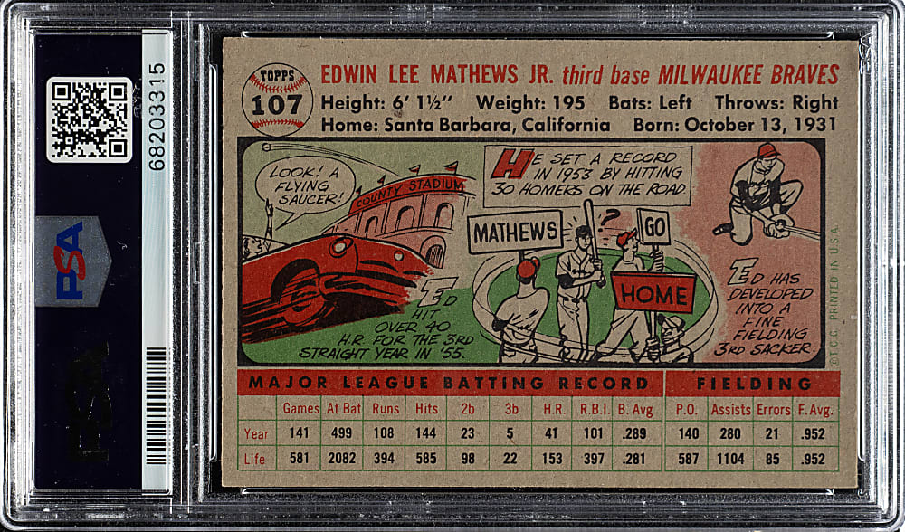 1956 Topps #107 Ed Mathews Gray Back PSA NM-MT 8
