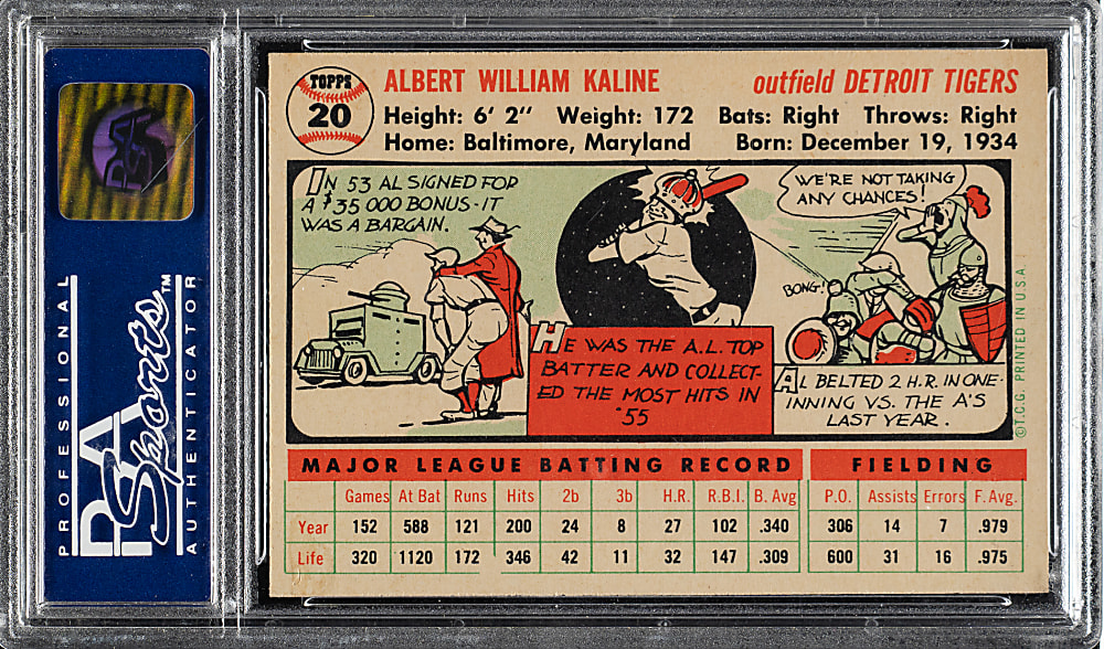 1956 Topps #20 Al Kaline White Back PSA NM-MT 8