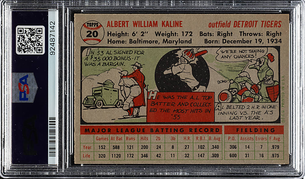 1956 Topps #20 Al Kaline Gray Back PSA NM-MT 8