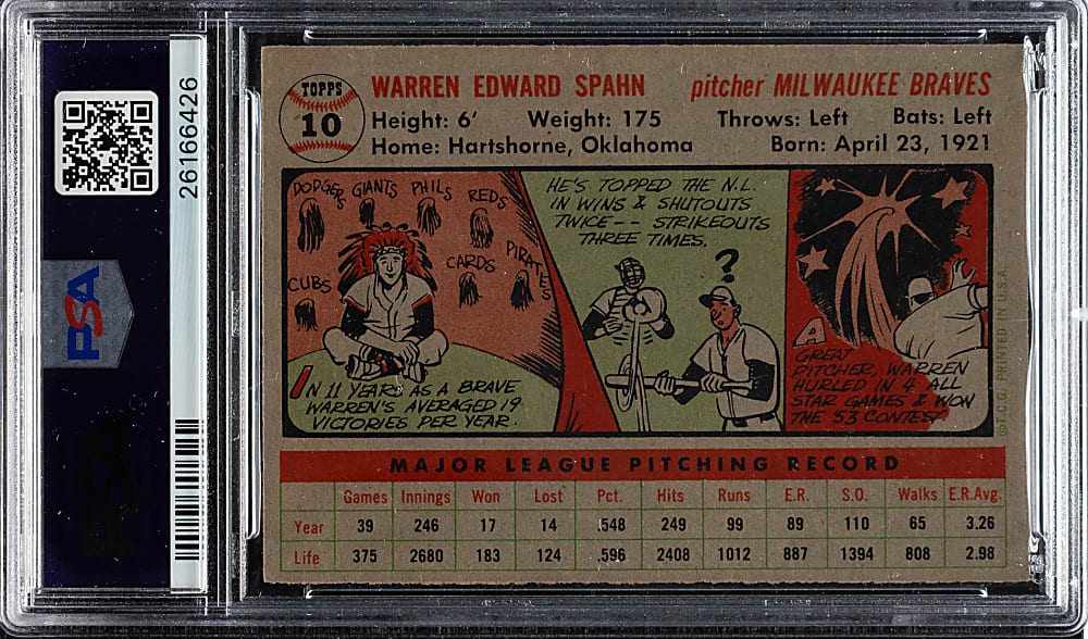1956 Topps #10 Warren Spahn Gray Back PSA NM-MT 8