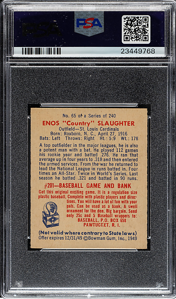 1949 Bowman #65 Enos Slaughter PSA NM-MT+ 8.5