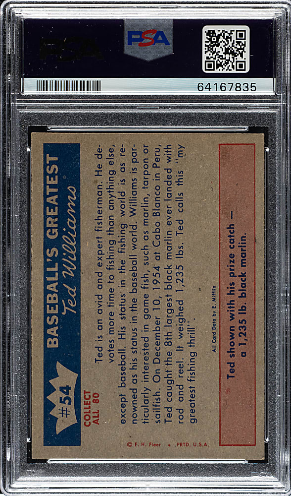 1959 Fleer Ted Williams #54 "Fisherman Ted Hooks A Big One" PSA GEM MINT 10