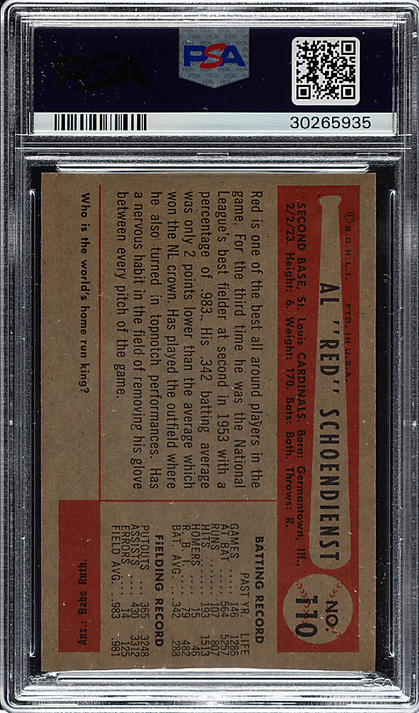 1954 Bowman #110 Red Schoendienst PSA MINT 9 - Highest Graded!