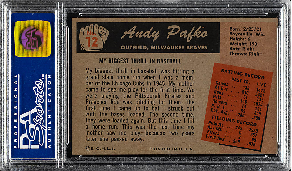 1955 Bowman #12 Andy Pafko PSA MINT 9 - Highest Graded!