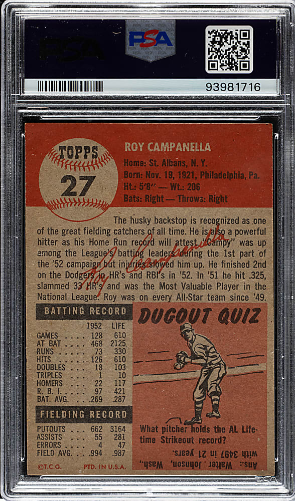 1953 Topps #27 Roy Campanella PSA NM-MT 8
