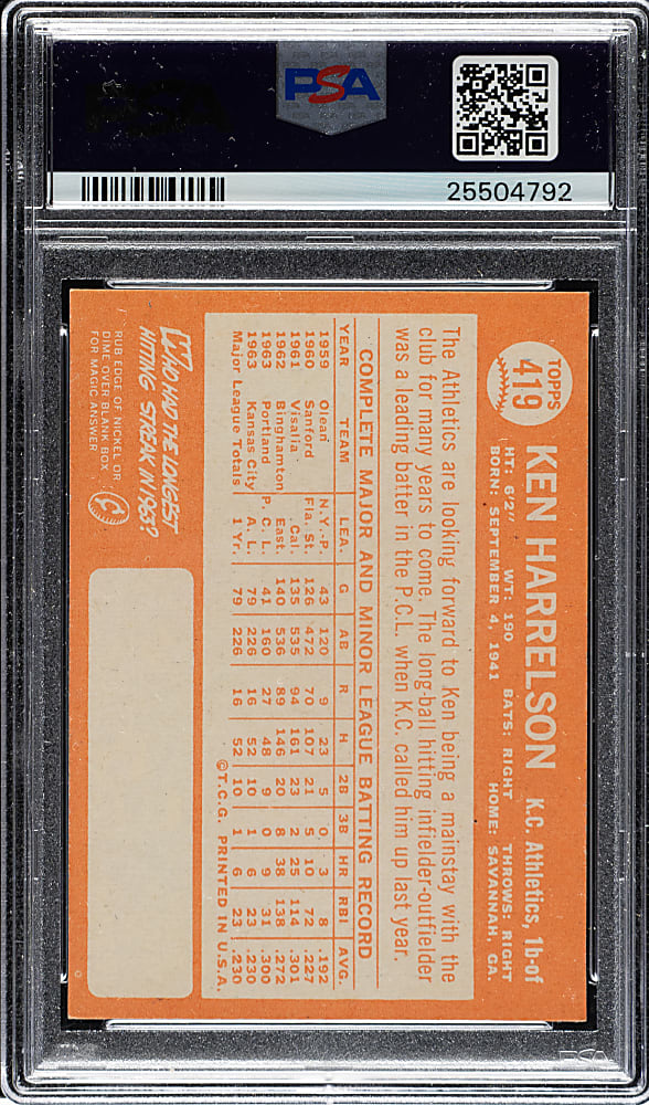 1964 Topps #419 Ken Harrelson Rookie PSA GEM MINT 10