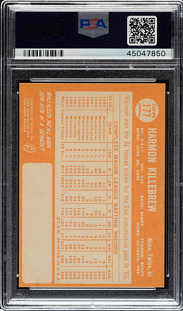 1964 Topps #177 Harmon Killebrew PSA MINT 9 - Highest Graded!