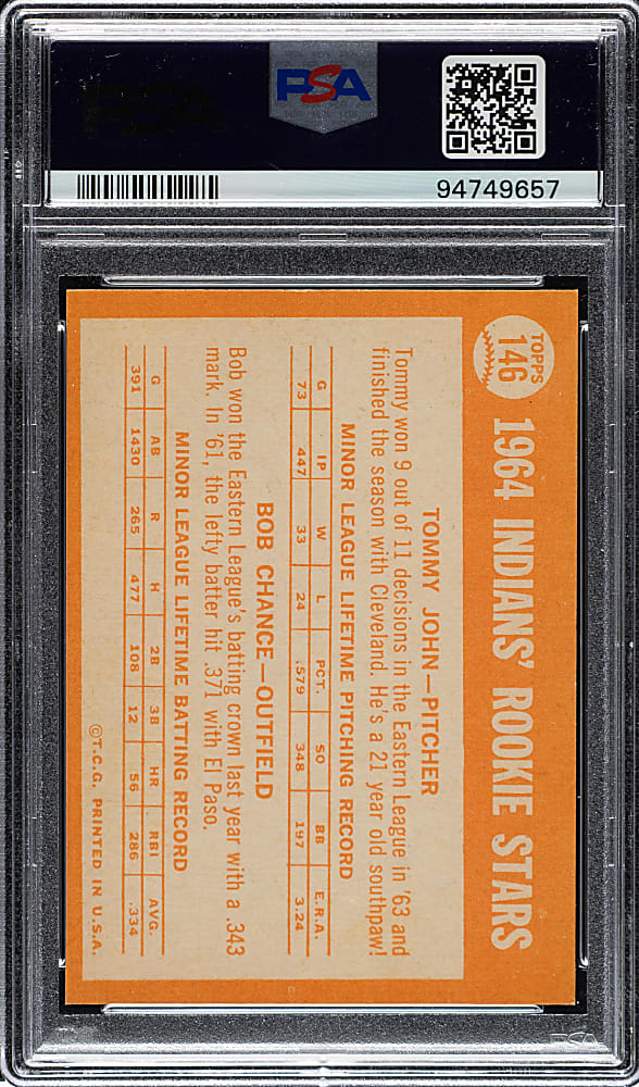 1964 Topps #146 Tommy John Rookie PSA MINT 9