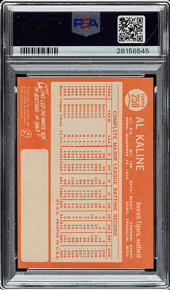 1964 Topps #250 Al Kaline PSA MINT 9