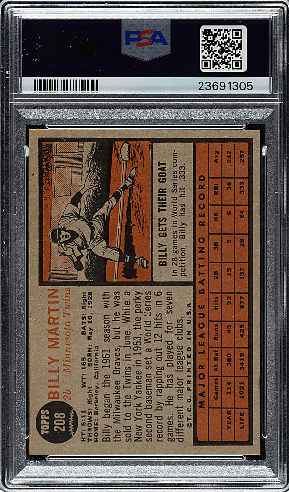 1962 Topps #208 Billy Martin PSA MINT 9 - Highest Graded!