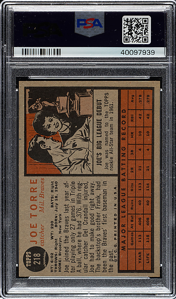 1962 Topps #218 Joe Torre Rookie PSA NM-MT+ 8.5