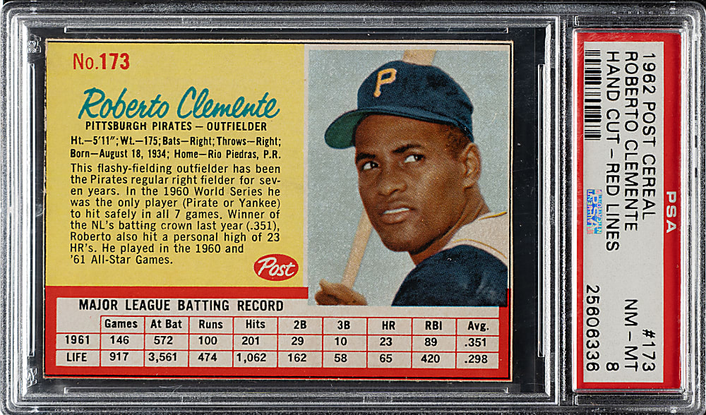 1962 Post Cereal #173 Roberto Clemente Red Lines PSA NM-MT 8