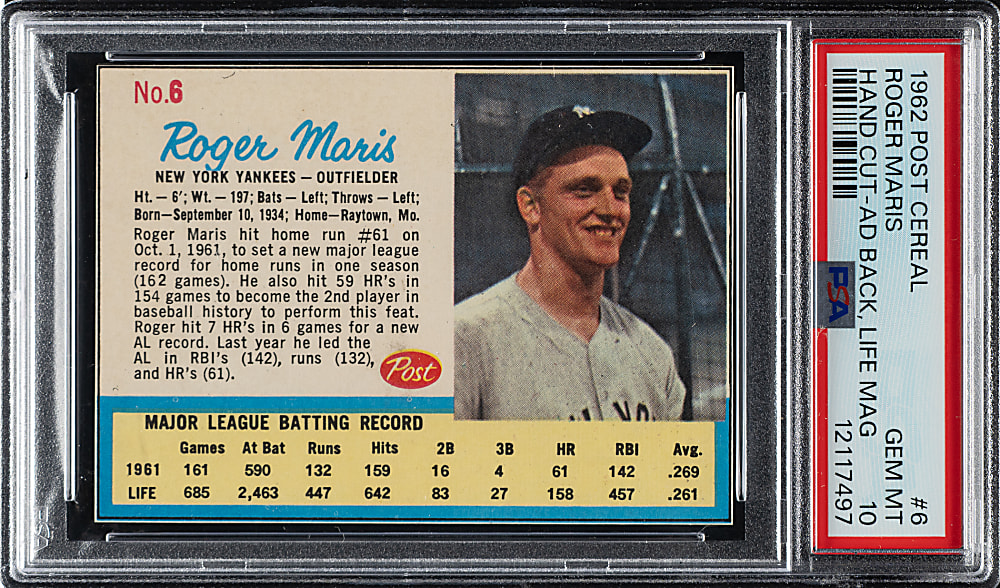1962 Post Cereal #6 Roger Maris Ad Back PSA GEM MINT 10