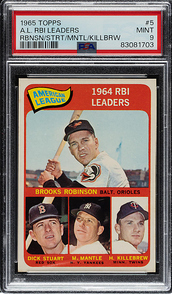 1965 Topps #5 AL RBI Leaders with Harmon Killebrew, Brooks Robinson, and Mickey Mantle PSA MINT 9