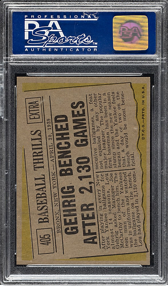 1961 Topps #405 Lou Gehrig Baseball Thrills PSA MINT 9