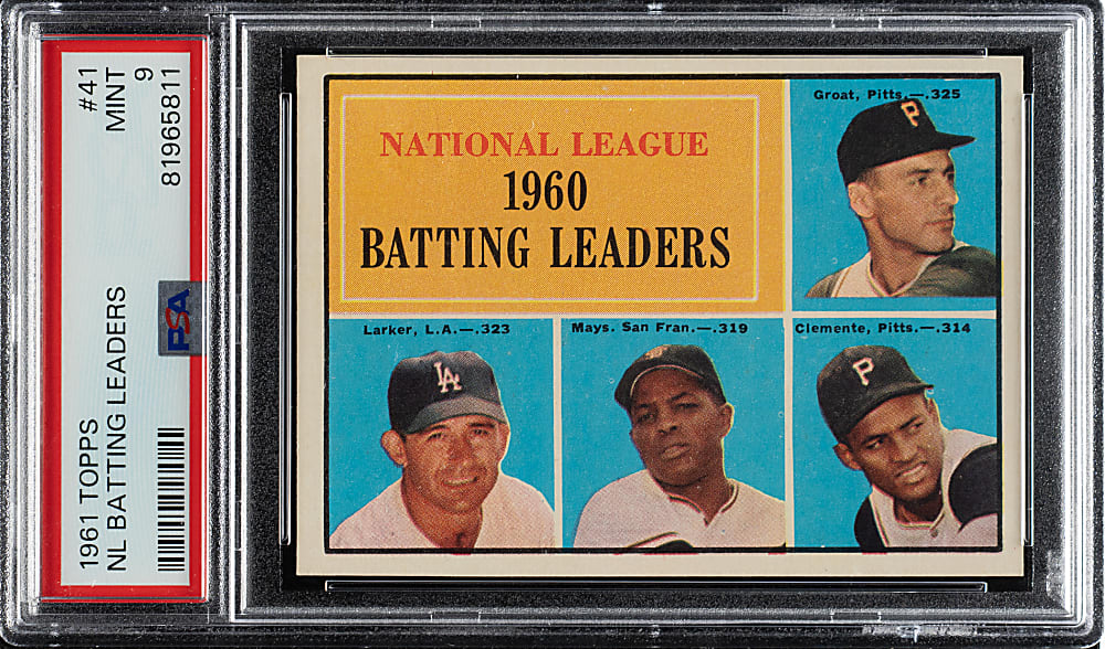 1961 Topps #41 NL Batting Leaders with Willie Mays and Roberto Clemente PSA MINT 9