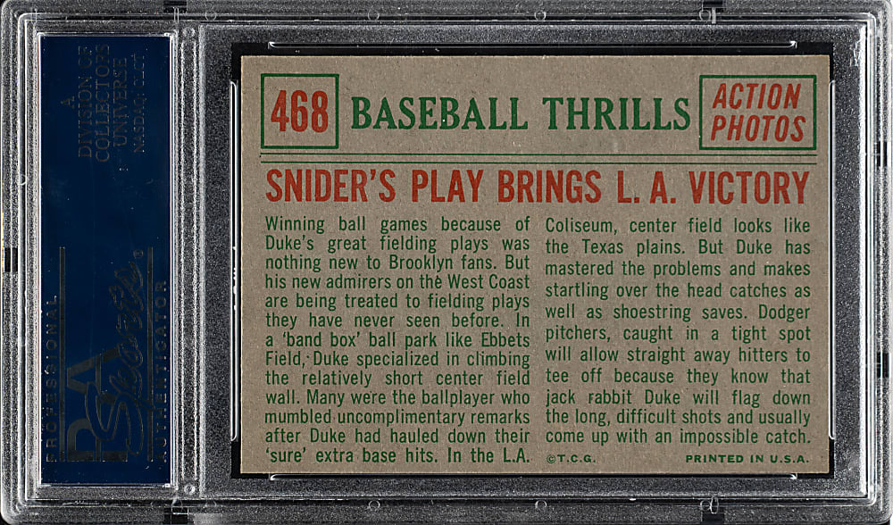 1959 Topps #468 Duke Snider Play Brings L.A. Victory PSA MINT 9